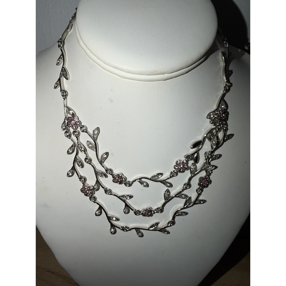 Vintage Multi-Strand Floral Vine Necklace by designer Ben-Amun Silver Tone Pink